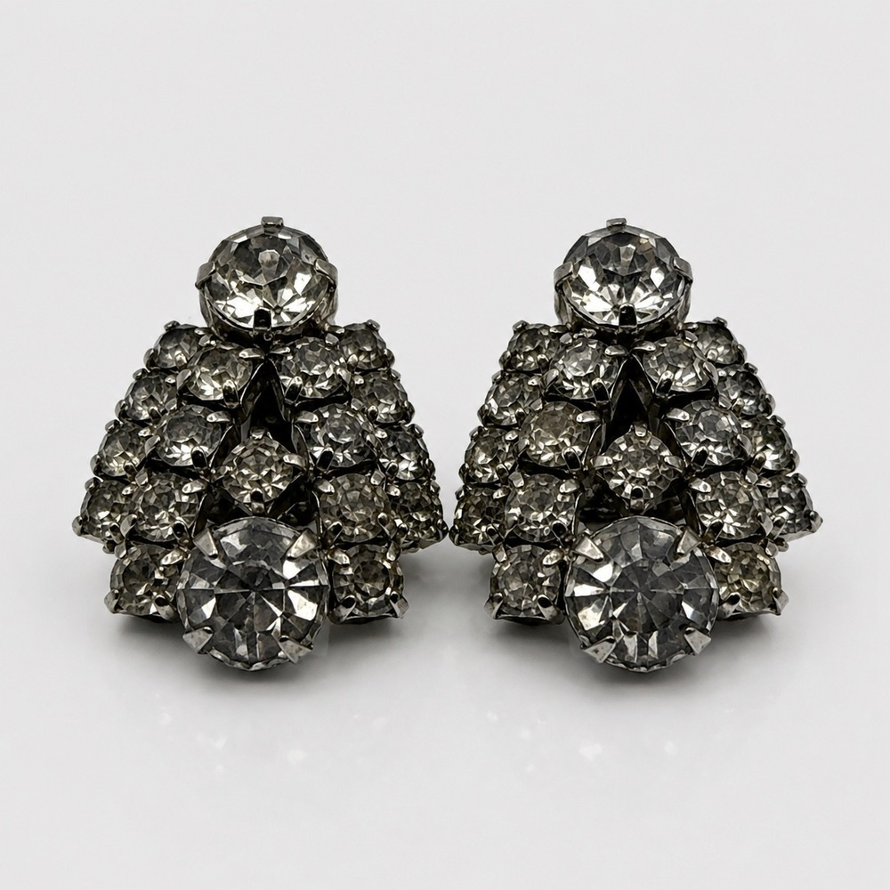 Vintage La Rel Grey Rhinestone Clip On Earrings Silver Tone Crystal Art Deco